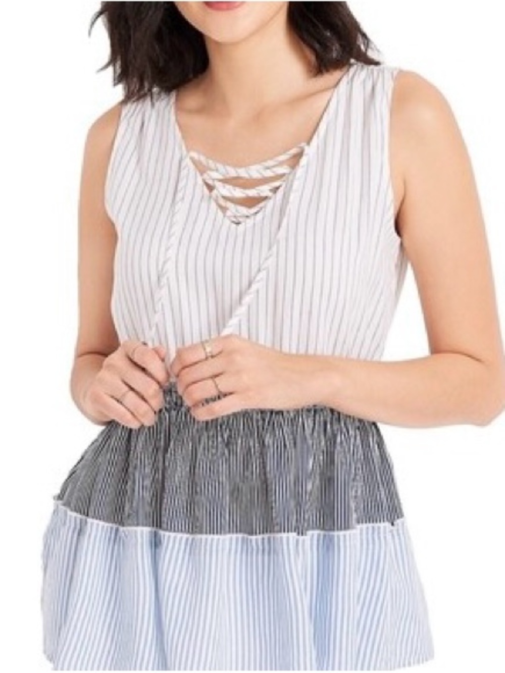 Maurices Striped White Blue Gray Lace-Up Tiered Sleeveless Farmhouse Top XS